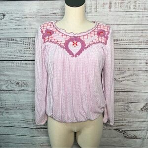 Free People XS Begonia Embroidered Top Oversized Pink Boho‎ Blouse Viscose Linen